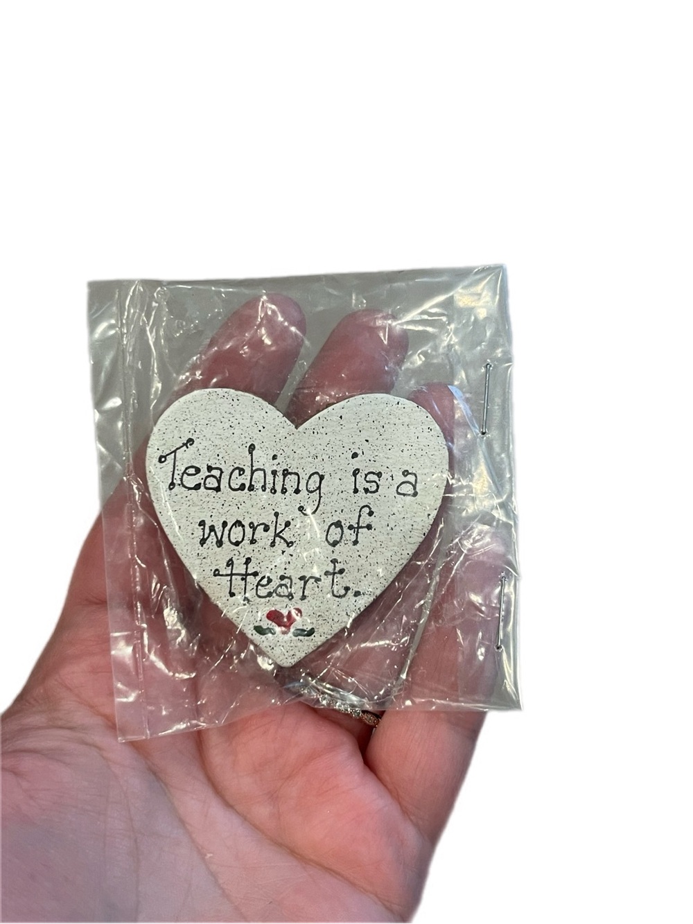Wooden Heart Shaped Teaching Quote Pin - White with Tiny Red Accent